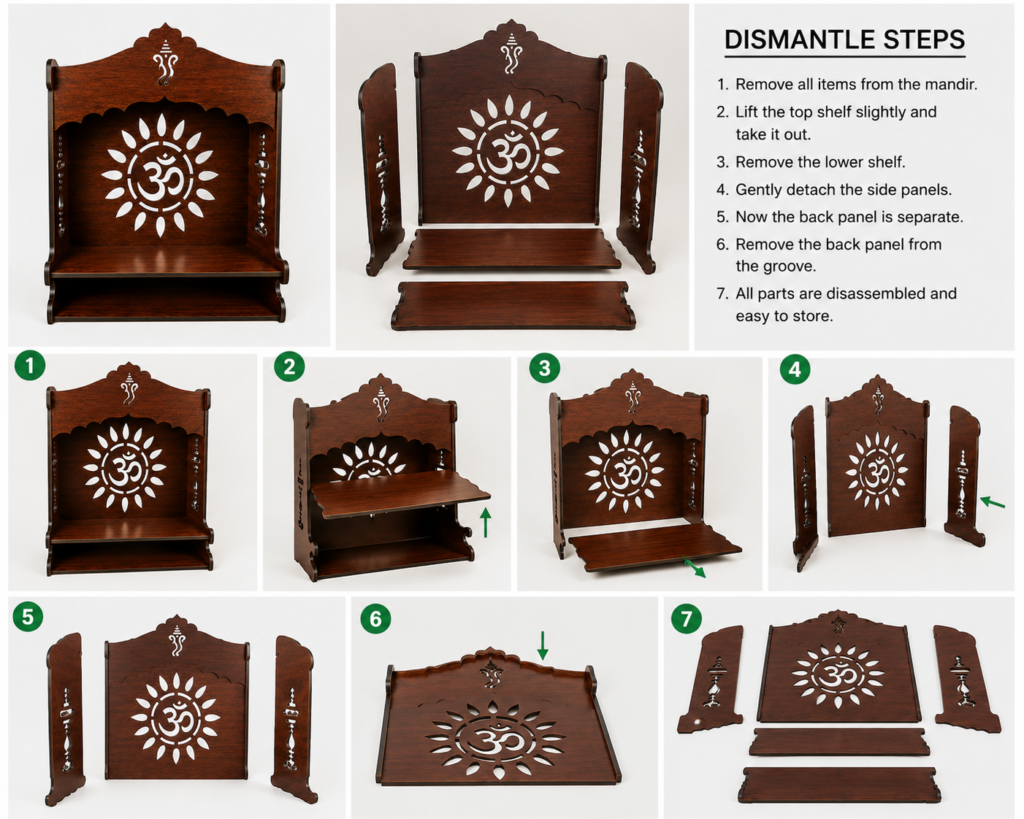 Wooden Ganesh mandir dismantling steps showing how to separate the shelves, side panels and back panel for easy storage.