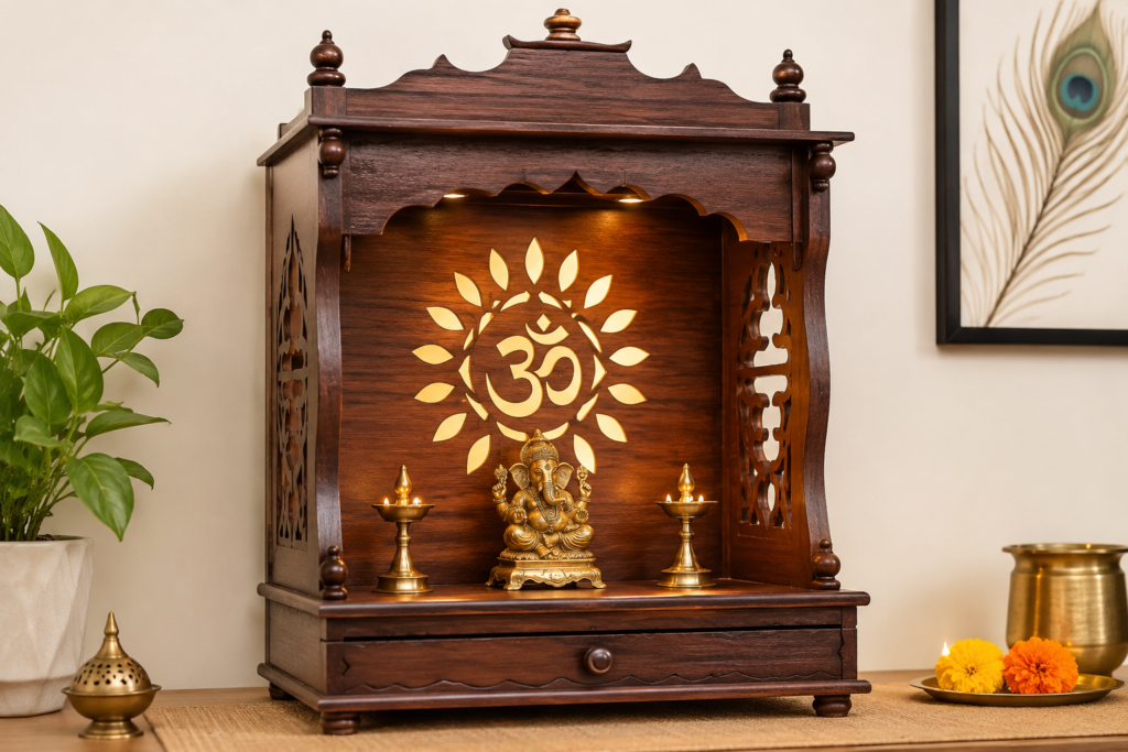 Beautiful wooden Ganesh mandir for home with brass Ganesha idol, diyas and traditional Om design