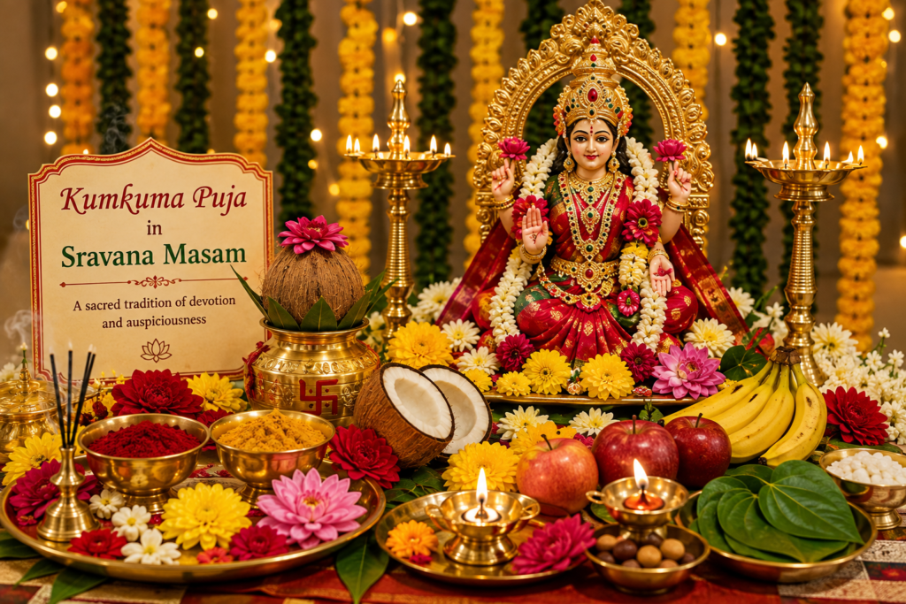 Kumkuma Puja in Sravana Masam with Goddess Lakshmi and traditional pooja items