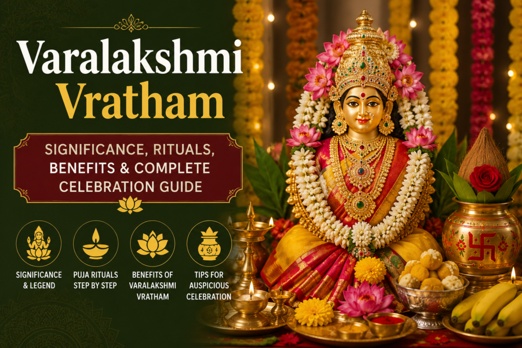 "Varalakshmi Vratham Goddess Lakshmi idol with traditional puja setup and decorations