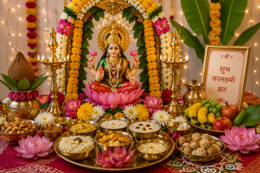 Varalakshmi Vratham puja setup with Goddess Lakshmi idol, Kalash, flowers, lamps, and traditional offerings