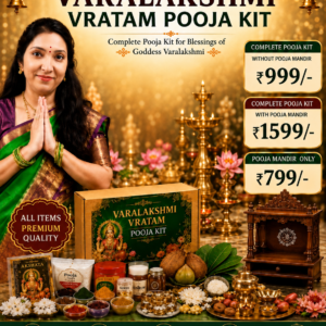 Varalakshmi Vratam Pooja Kit with complete pooja items and wooden pooja mandir, available at ₹999 and ₹1599, with pooja mandir at ₹799