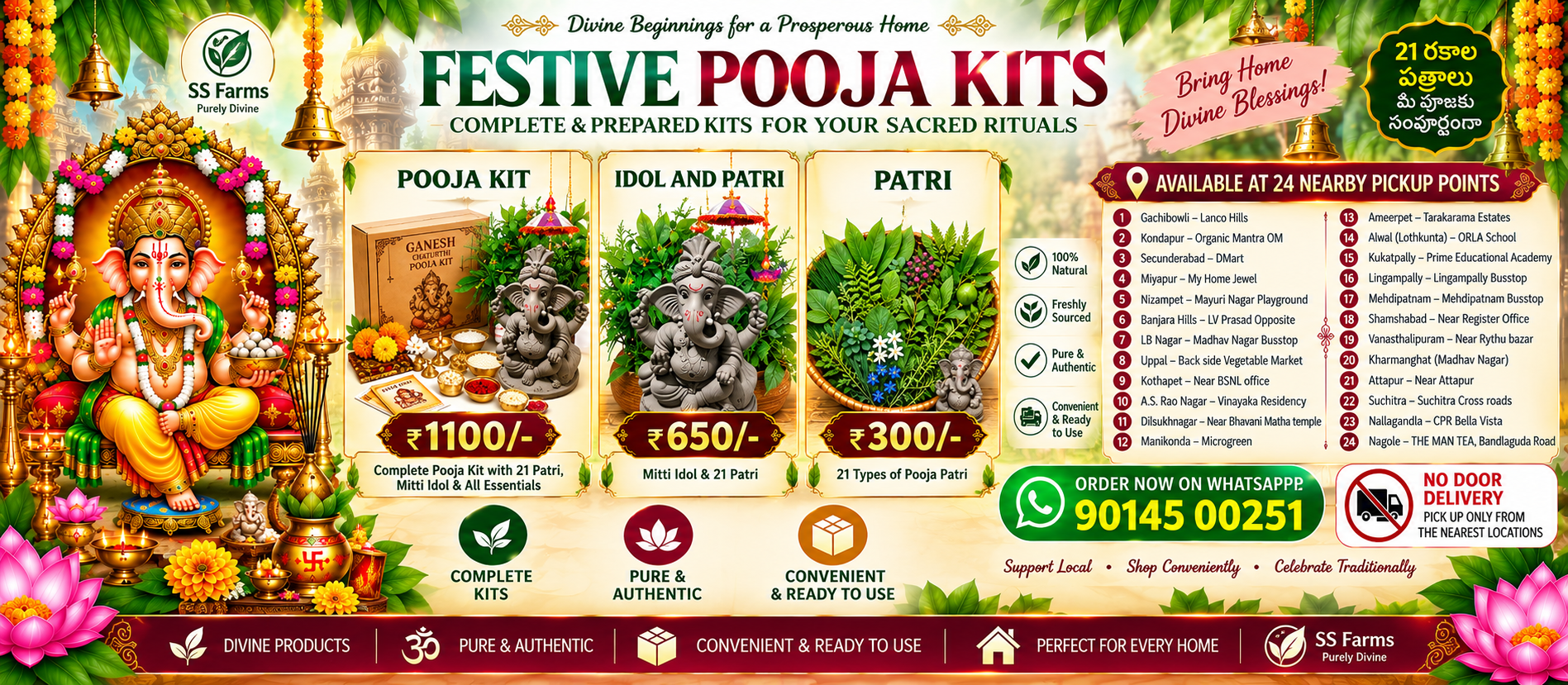 SS Farms Ganesh Chaturthi pooja kits featuring a complete pooja kit for ₹1100, idol and 21 Patri for ₹650, and 21 types of pooja Patri for ₹300, with pickup locations and WhatsApp ordering.