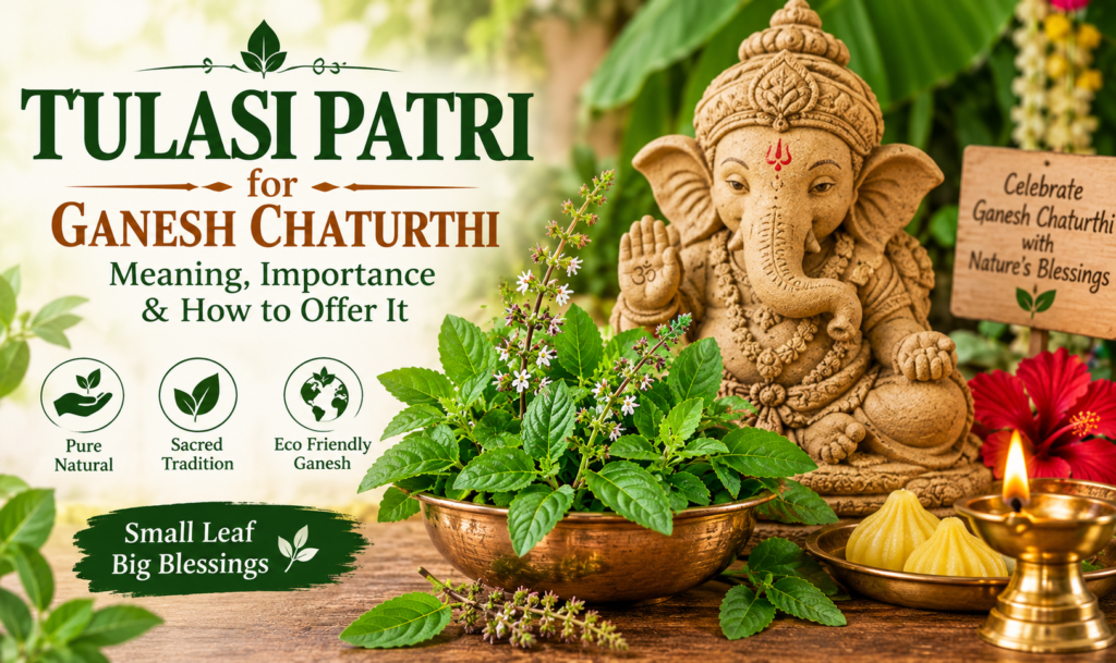 Tulasi Patri for Ganesh Chaturthi with eco-friendly Ganesh idol and fresh Tulasi leaves